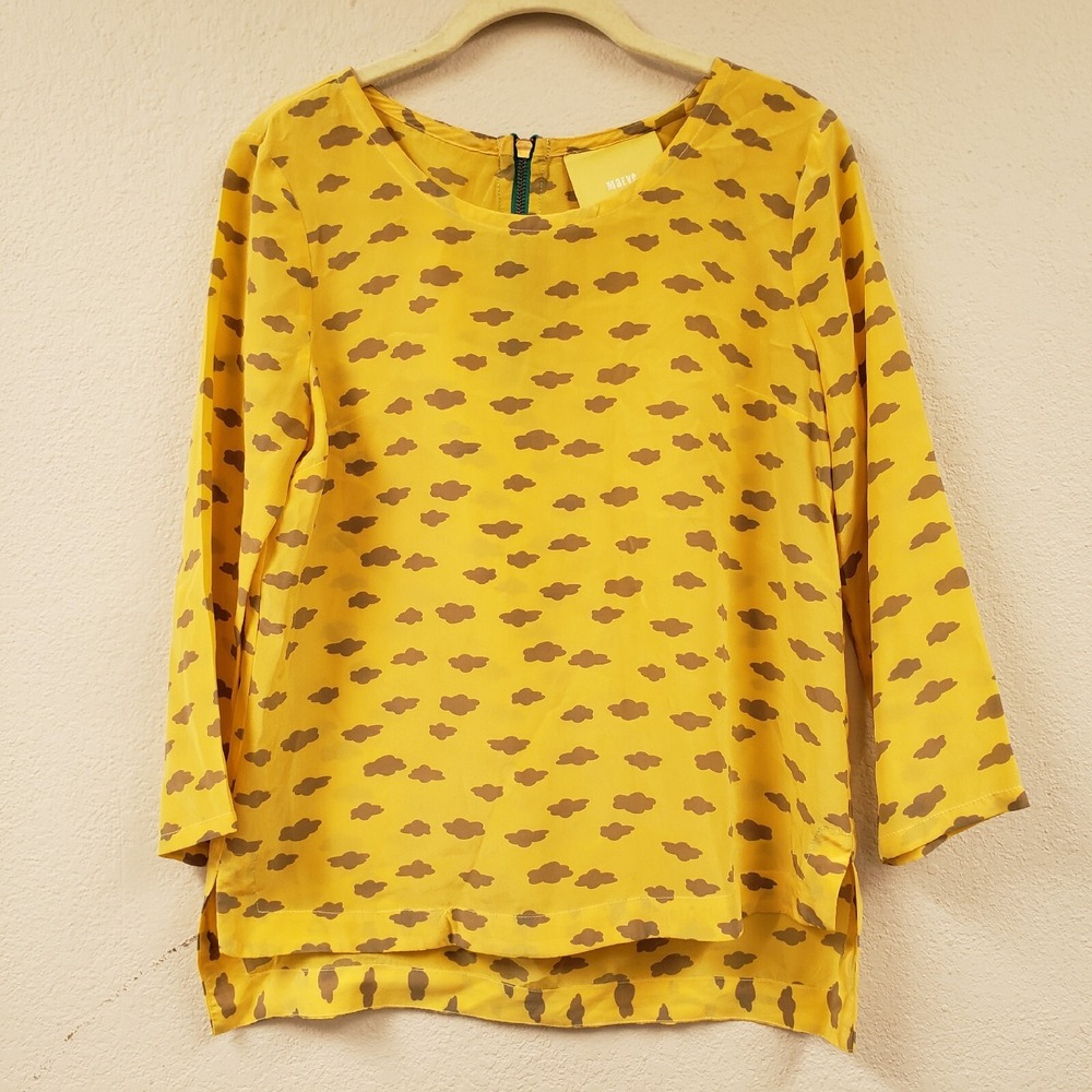 Maeve Yellow Silk Top Blouse Xsmall Cloud Print HiLow Hem Back Zipper Scoop Neck